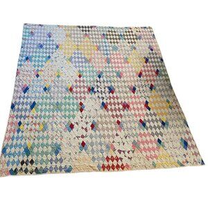 Hand Stitched Vintage Diamond Patchwork Quilt Blanket Pastels Floral 84" X 72"
